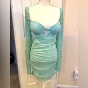 SOLD- Oh Polly Embellished Long Sleeve Mini Dress in Aqua